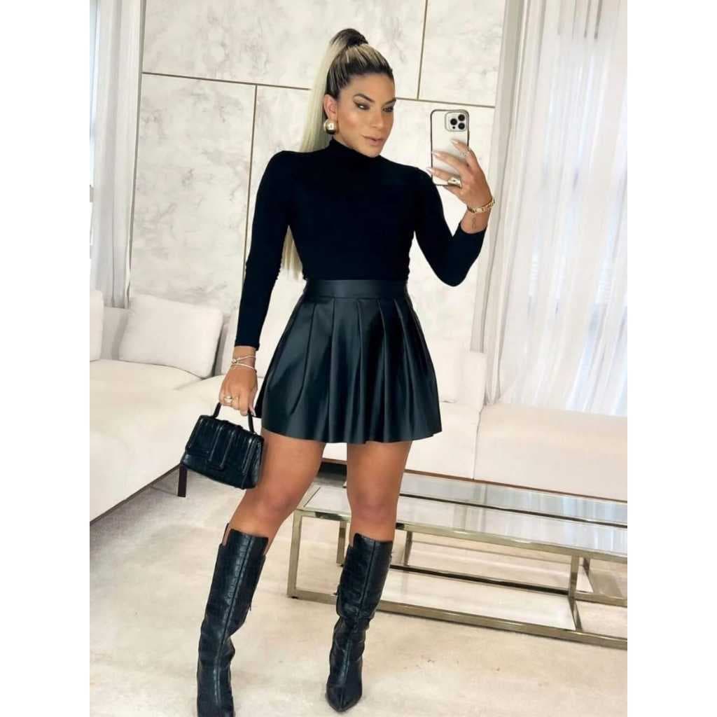 Saia Feminina Plissada  Cintura Alta Estilo Colegial Couro Fake