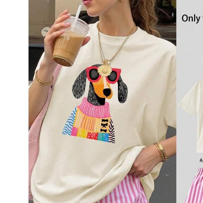 Camiseta Casual de Verão com Camiseta Larga com Estampa de Filhote de Salsicha Lançamento 2025