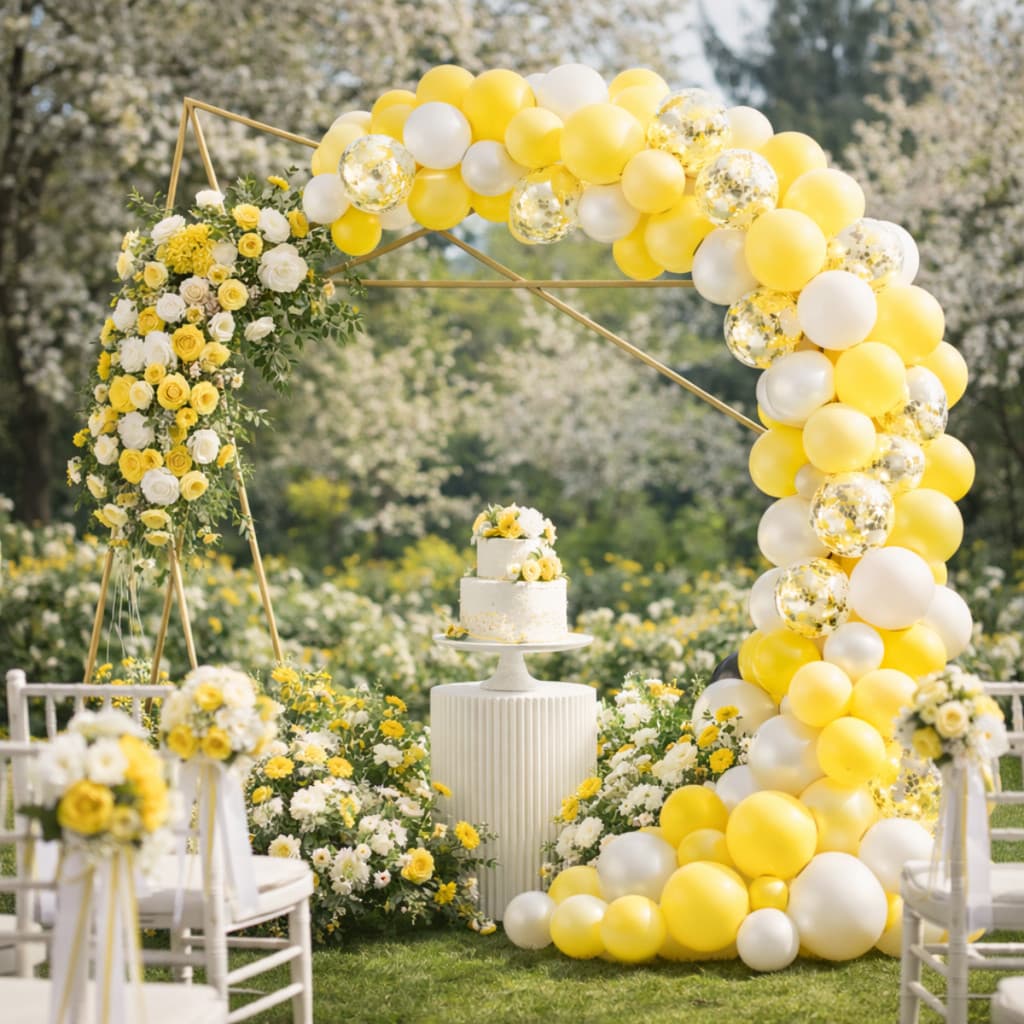 Kit Arco 105 Balões Decorativos Para Comemorações Aniversários Eventos Bexigas Cor Amarelo + Branco