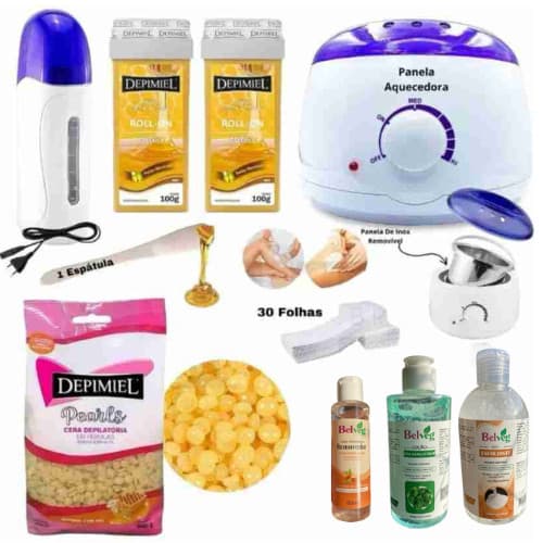 Kit Cera quente depilação Completo Panela + Aquecedor Rolon + Cera