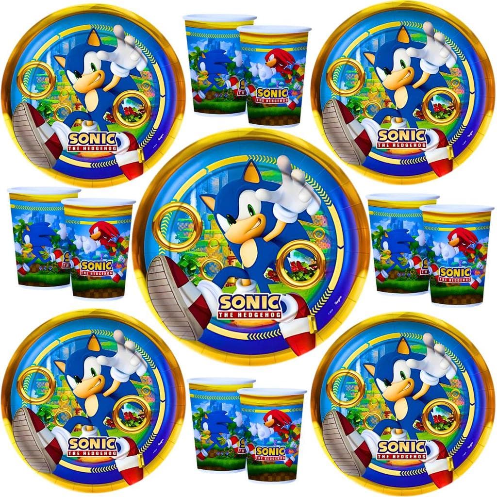 Kit Festa Sonic the Hedgehog Copos 180ml Pratos 18cm Descartáveis Aniversário Decoração Infantil