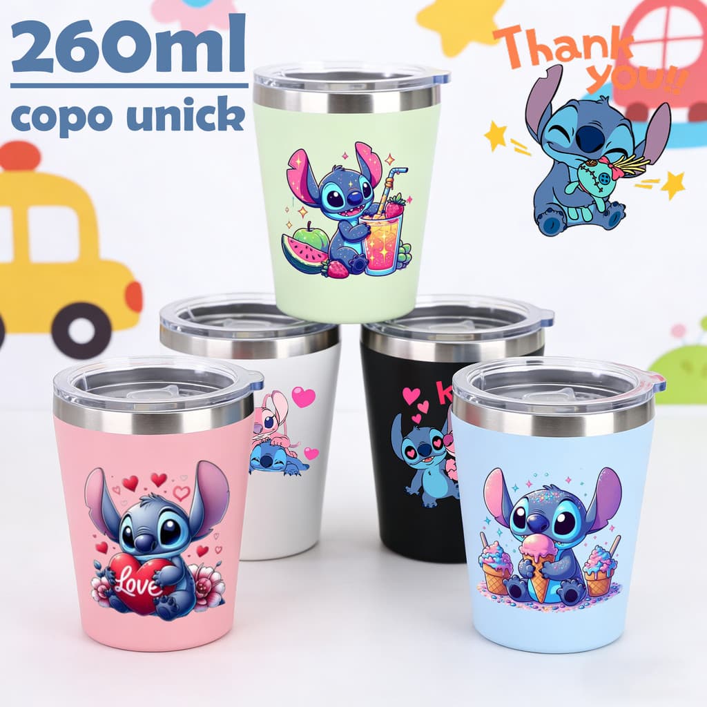 Mini infantil Copo Stitch Aço Inox térmico com tampa Acrílico 260ML DinoCopo