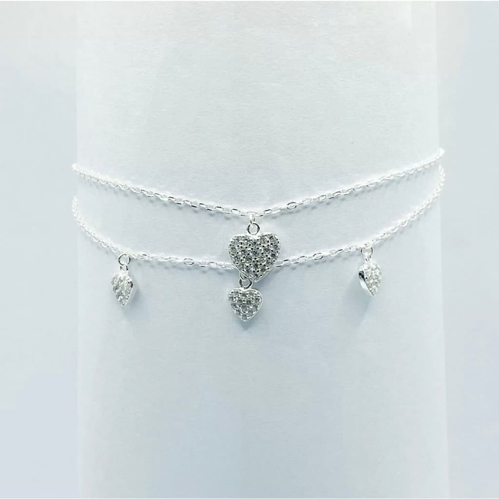 PULSEIRA PRATA 925 DUPLA CORAÇÕES PENDURADOS FEMININA