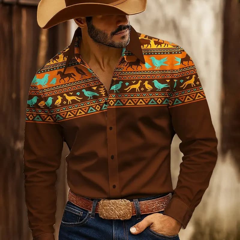 Camisa Masculina de Manga Longa com Padrão Geométrico Indiano 3D, Poliéster, Corte Slim, Estilo Retrô Casual, Blusa Tend
