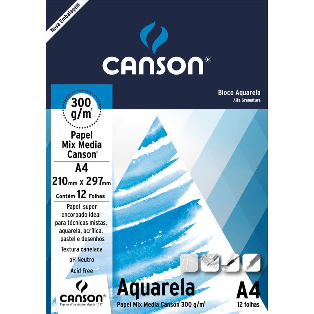 Bloco Canson Aquarela Mix Media Linha Universitária 300gr A4 com 12 Folhas - 66667180