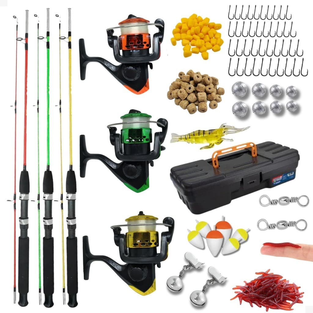 Kit Pesca 3 Vara Maciça 3 Molinete + Linha Maleta Acessórios