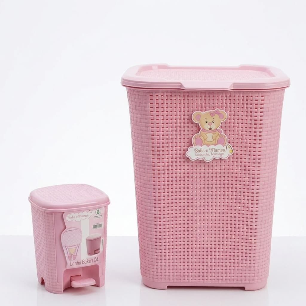 Kit Lixeira Infantil Rattan 6L + Cesto Organizador 30L Quarto Bebê Mamãe Rosa