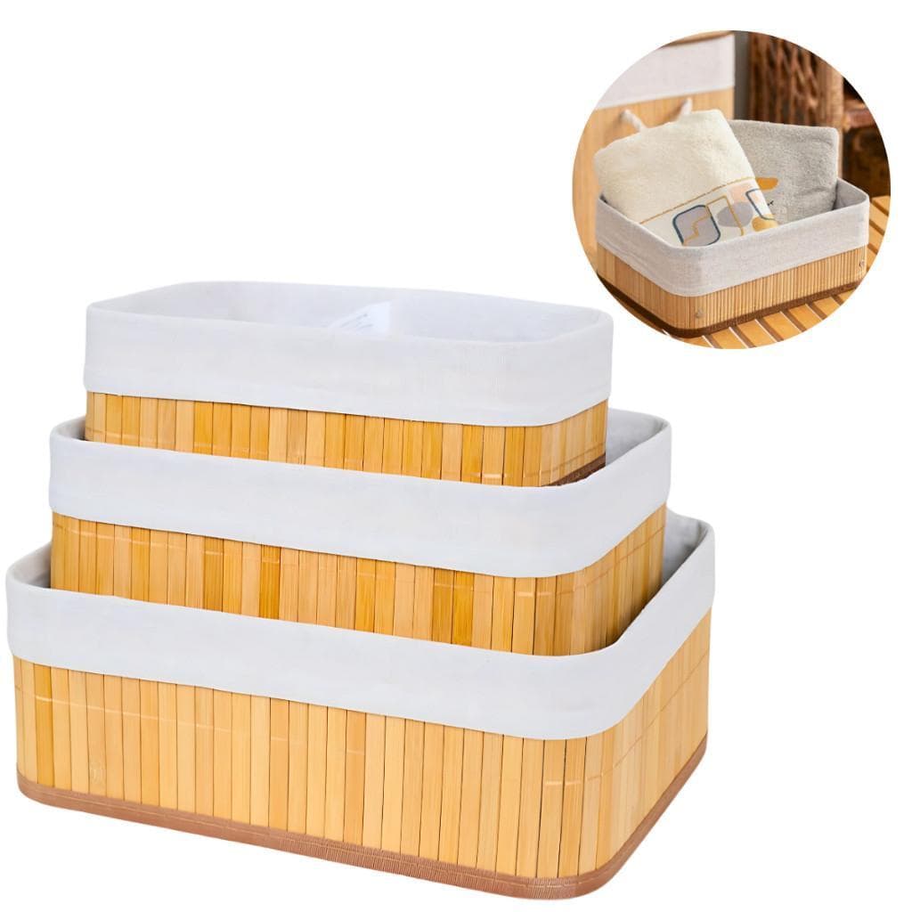 Kit 3 Cestos Organizador De Bambu Multiuso Com Forro