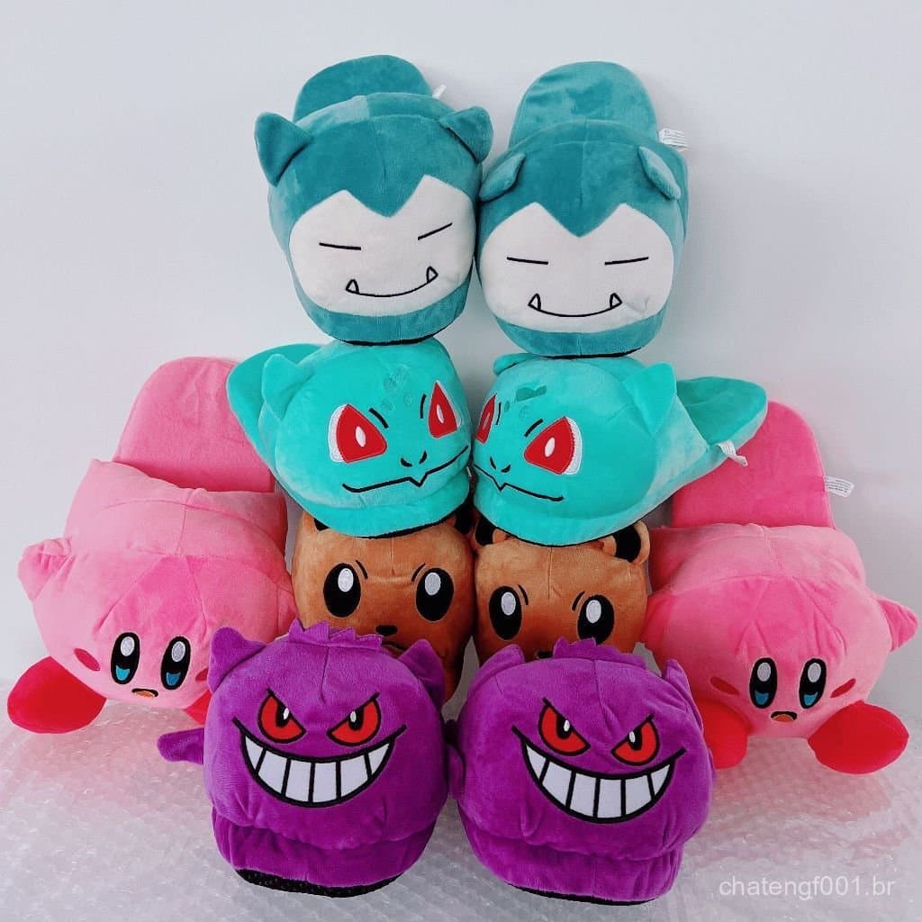 Anime Kirby Pokemon Algodão Quente Chinelo Pikachu Eevee Squirtle Gengar Snorlax Outono Inverno Sapatos Internos Bonecas