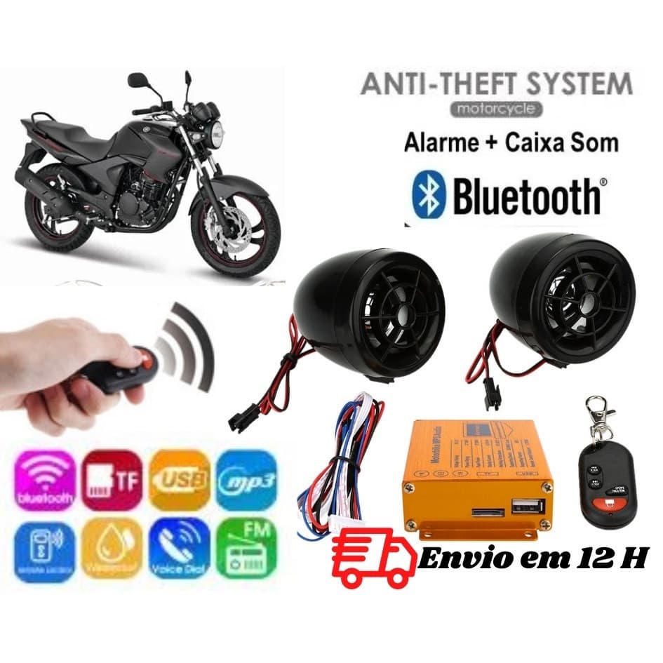 Caixa De Som para Moto e ALARME Bluetooth Mp3 Fm Rádio SD Usb Aux BT Controle Remoto 20w potencia