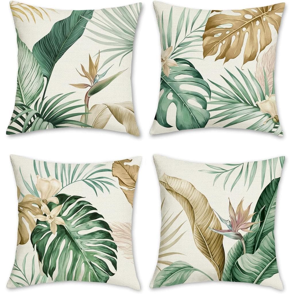 Capas de Almofada Decorativas Bonhause com Folhas Tropicais 18 x 18 Polegadas Verde e Marrom, Capas de Almofada de Polié