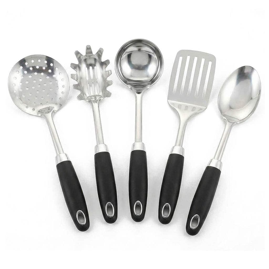 Conjunto 5 Peças Utensílios de Cozinha em Aço Inox com Cabo Plástico Cuisine