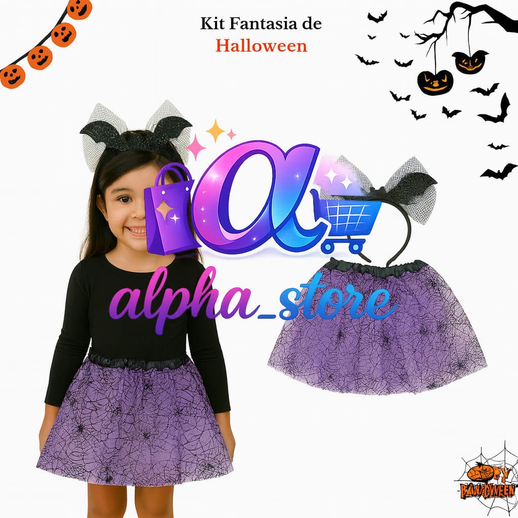 (V)Fantasia Infantil Halloween Saia Roxa com Tiara de Morcego 🕸️W78T