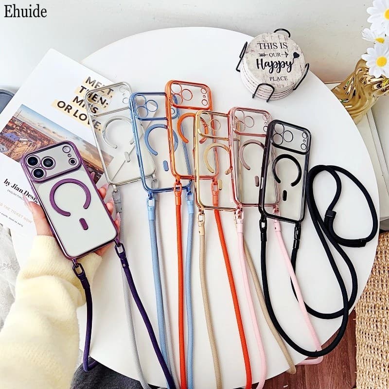 Caso Cordão Magnético Para iPhone 17 Pro Max Ar 14 15 16 Plus À Prova De Choque Crossbody Cinta Cabo Claro Moda Capa