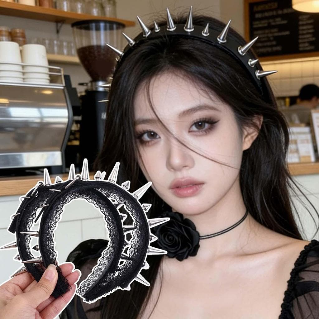 Tiara De Design Com Pontas De Metal Retrô-Argola De Cabelo De Renda Rebite Gótico Doce Punk Y2K Para Uso Diário