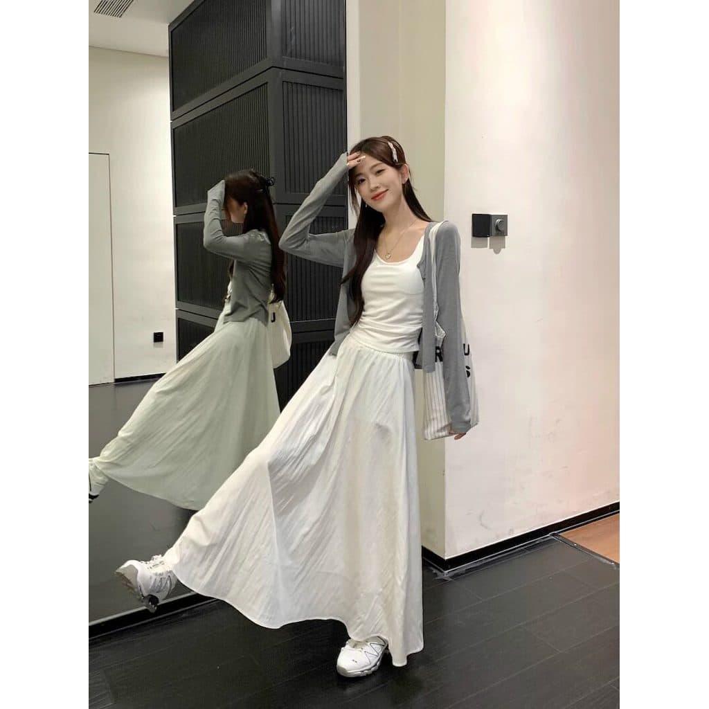 Pequeno feminino outono suave estilingue Cardigan branco a linha saia longa terno de três peças