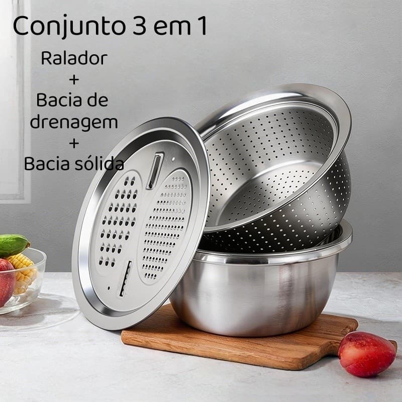 3 em 1 Tigelas Com Ralador E Escorredor Aço Inoxidável Cozinha Para Arroz Legumes Frutas Multiuso
