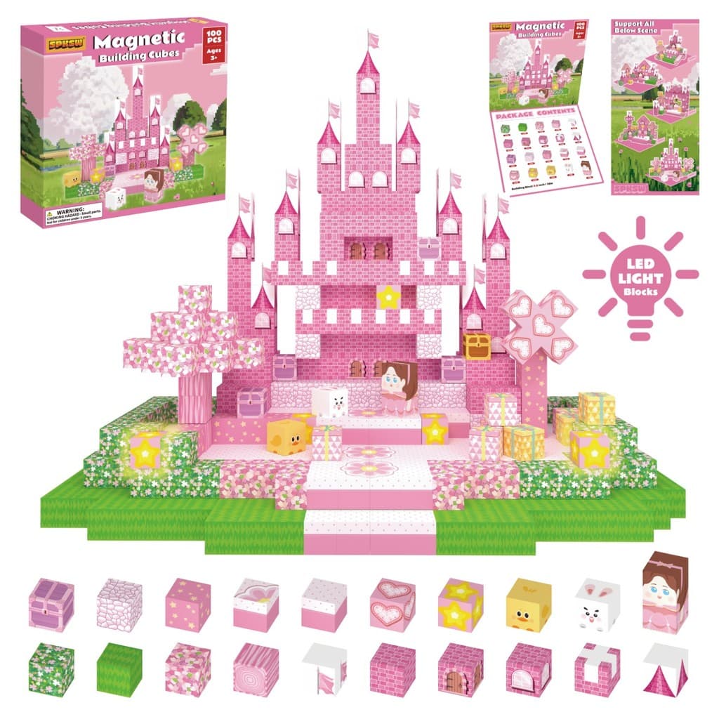 Conjunto De Cubos De Construção Com Design Magnético De Castelo Rosa De 100 Peças 2 Blocos De Luz LED Brinquedo Educacio