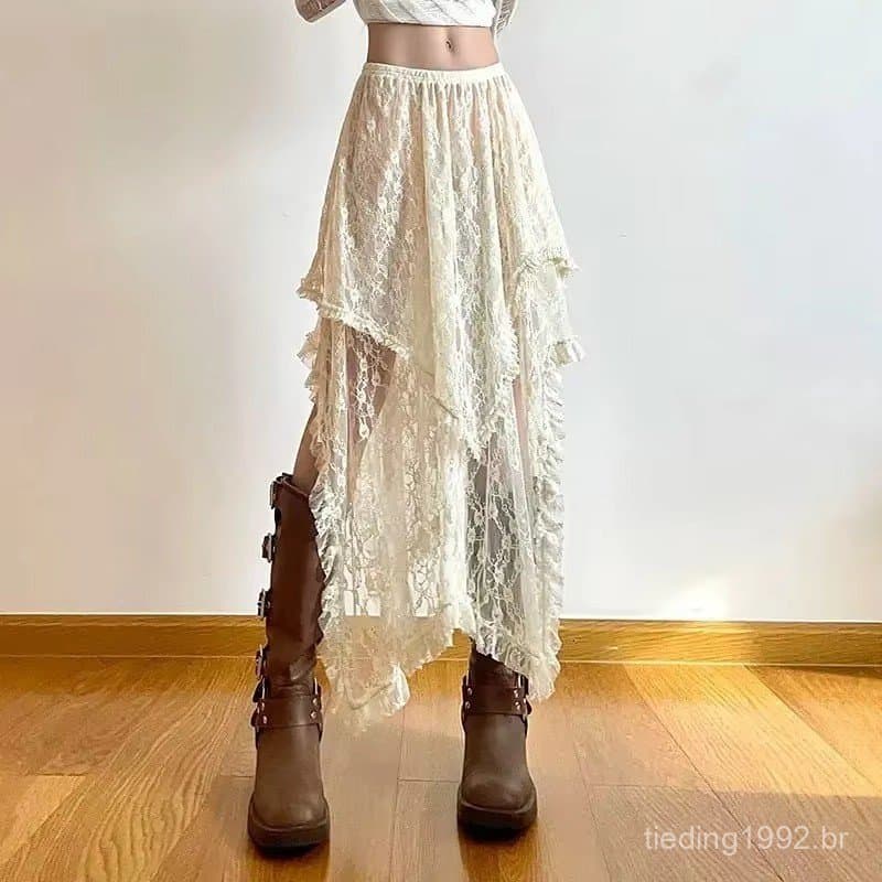 Saia Assimétrica De Renda Feminina Fairycore Vintage Y2K Boho Estética Moda Cintura Alta Meados Saias Senhora Roupas De
