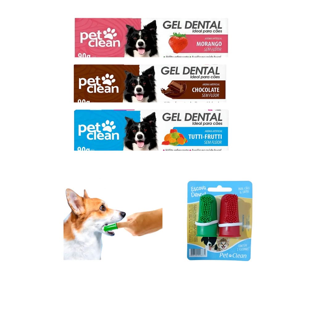 Kit 3 Gel Dental Cão Gato Sabores Morango, Chocolate e Tutti-Frutti + escova dental dedeira (2 unidades) Pet Clean