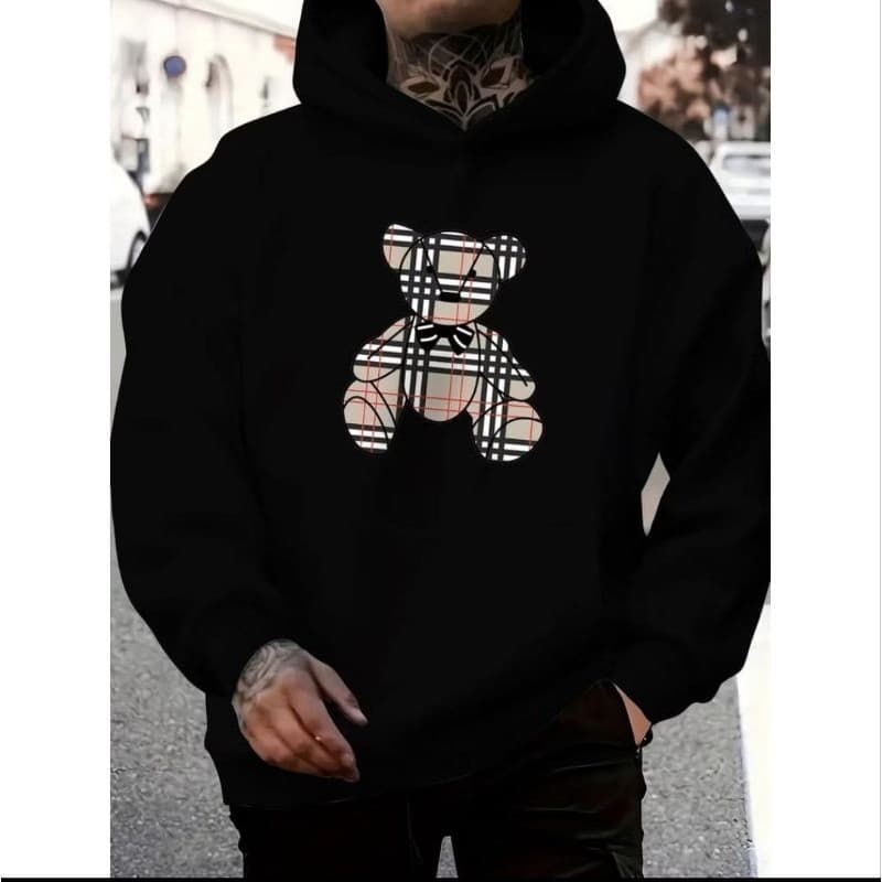 Moletom Estampado Urso Xadres Modelo Canguru Bolso e Capuz