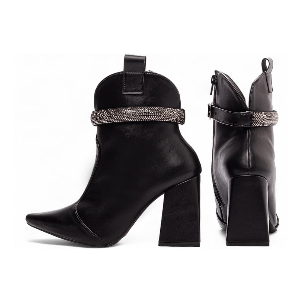 Bota Bico Fino Cano Médio Salto Bloco Alto 9cm Strass Couro