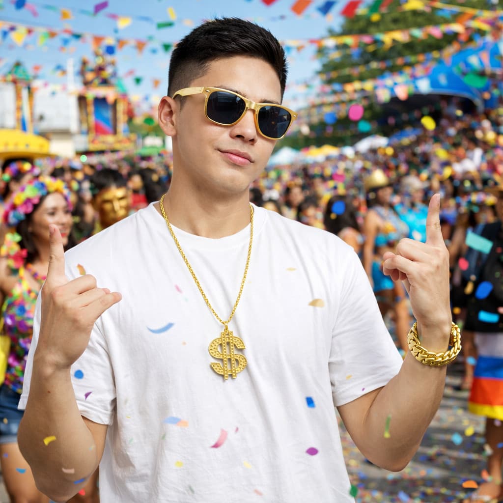 Fantasia Carnaval Masculino Ostentação Dourado MC Gangster Funkeiro Colar Cifrão Óculos