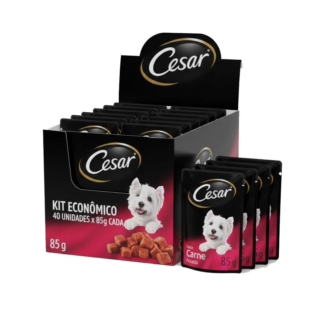 Kit Ração Úmida Cesar Sachê Cortes Selecionados Carne Assada ao Molho para Cães Adultos 40 Unidades