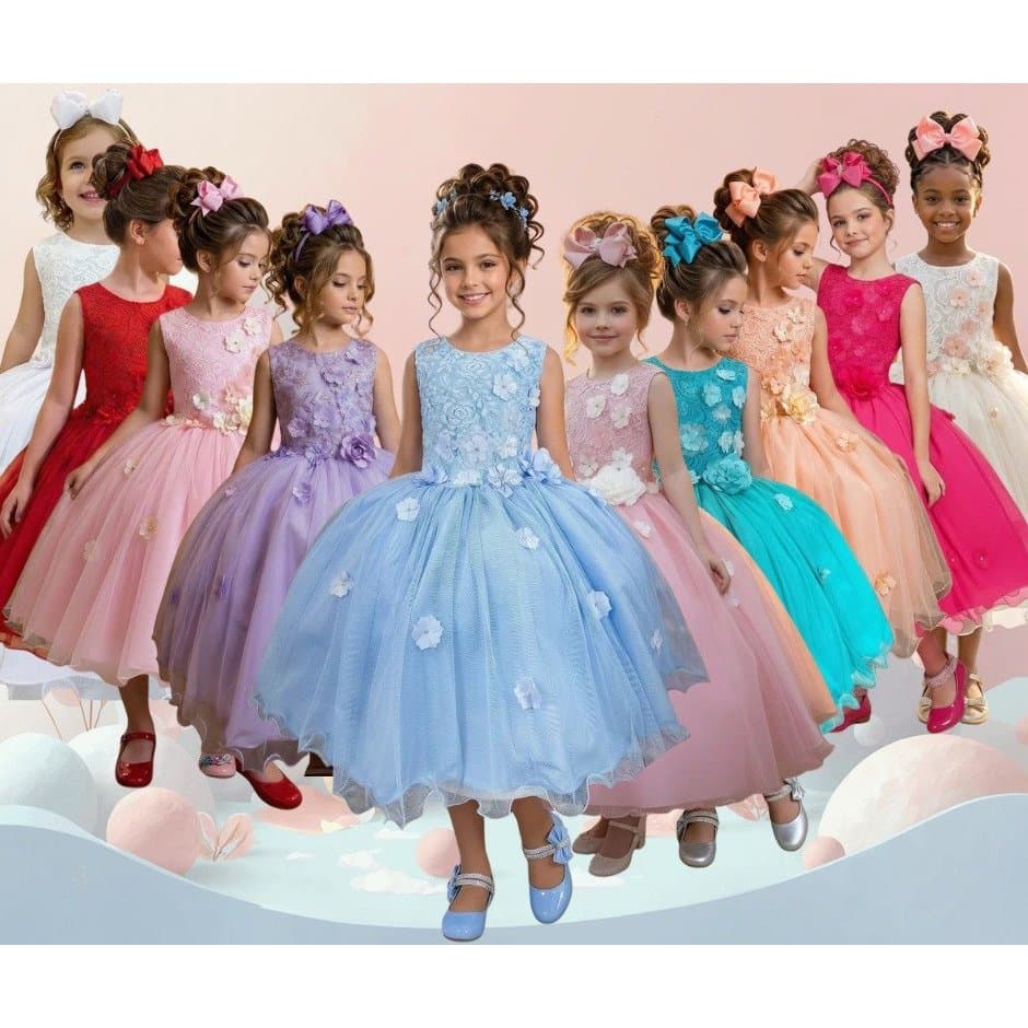 Vestido infantil juvenil Daminhas Florista Noivinha Vila Lele Regata Flores