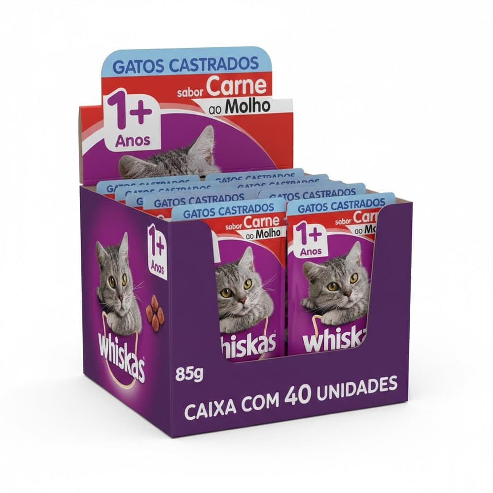 Kit Ração Úmida Whiskas Sachê Carne ao Molho para Gatos Adultos Castrados 40 Unidades