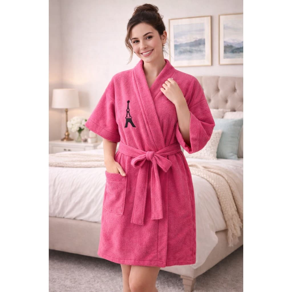 Roupao Adulto Feminino Felpudo Paris Rosa Bordado com Faixa 100% Algodão Praia Piscina