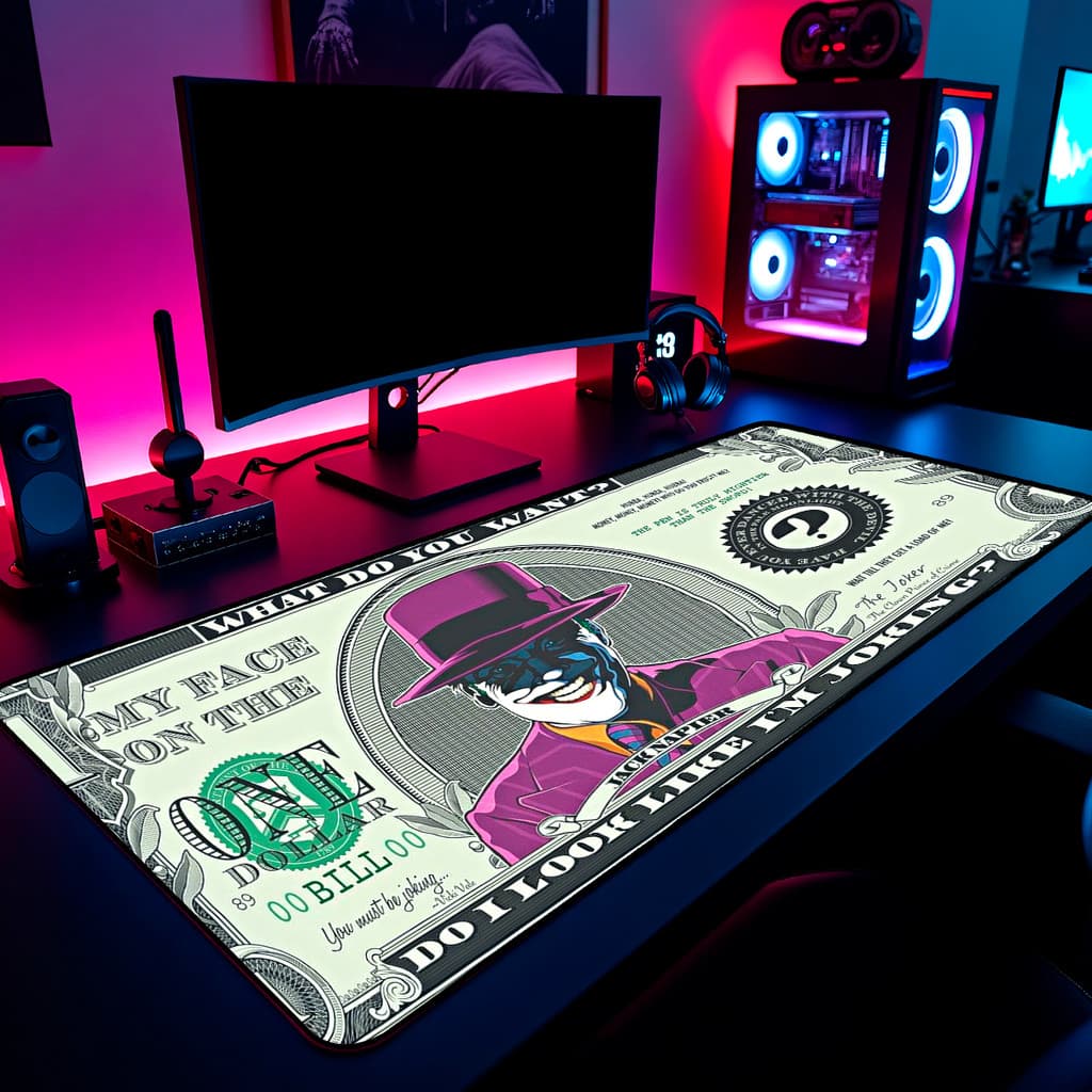 Mouse Pad Coringa Joker Batman Nota Dolar Gamer 65x30cm / 80x40cm / 90x50cm / 120x60cm Borda Costurada