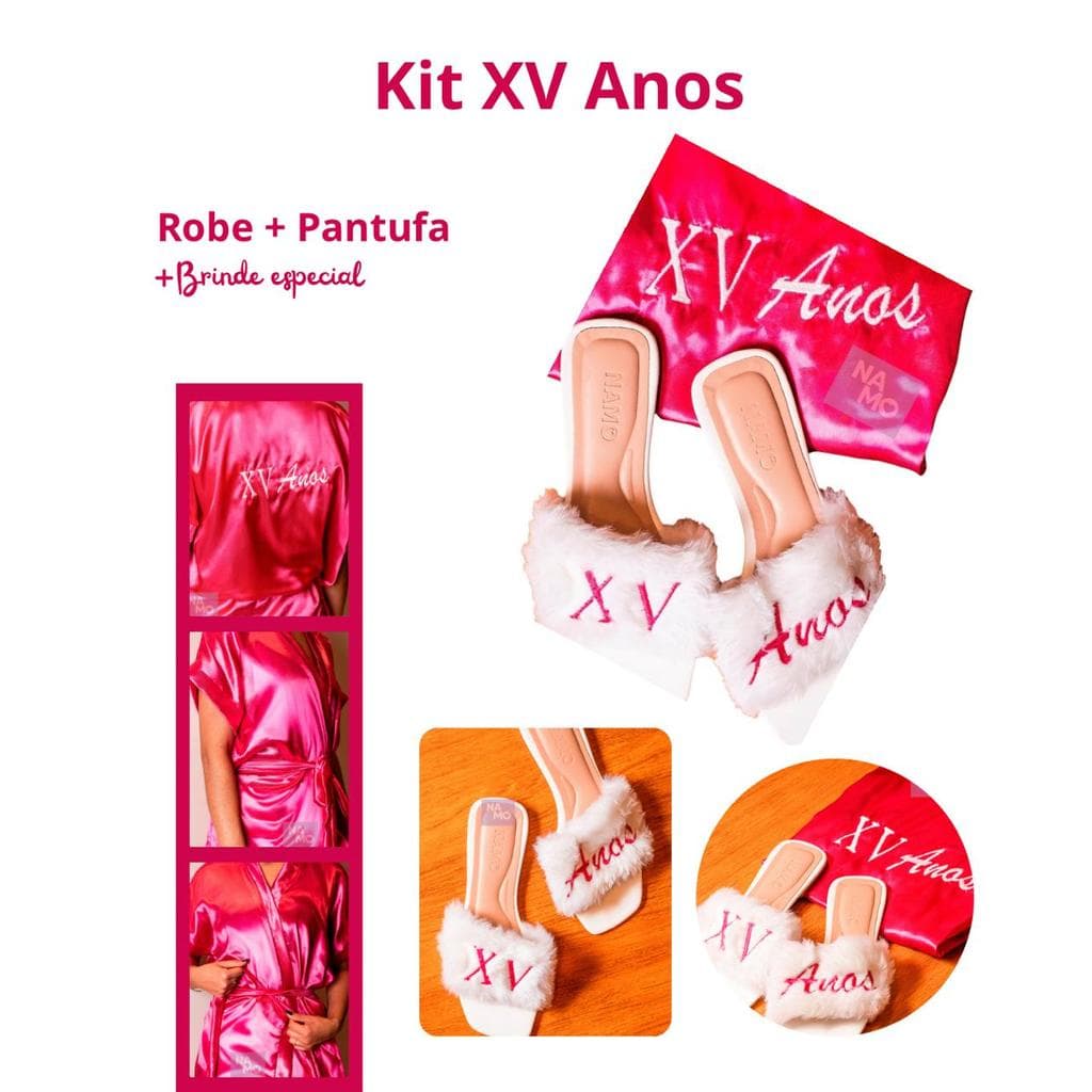 Kit Robe Bordado “XV Anos” com Pantufa Bordada – Elegância e Conforto para 15 Anos