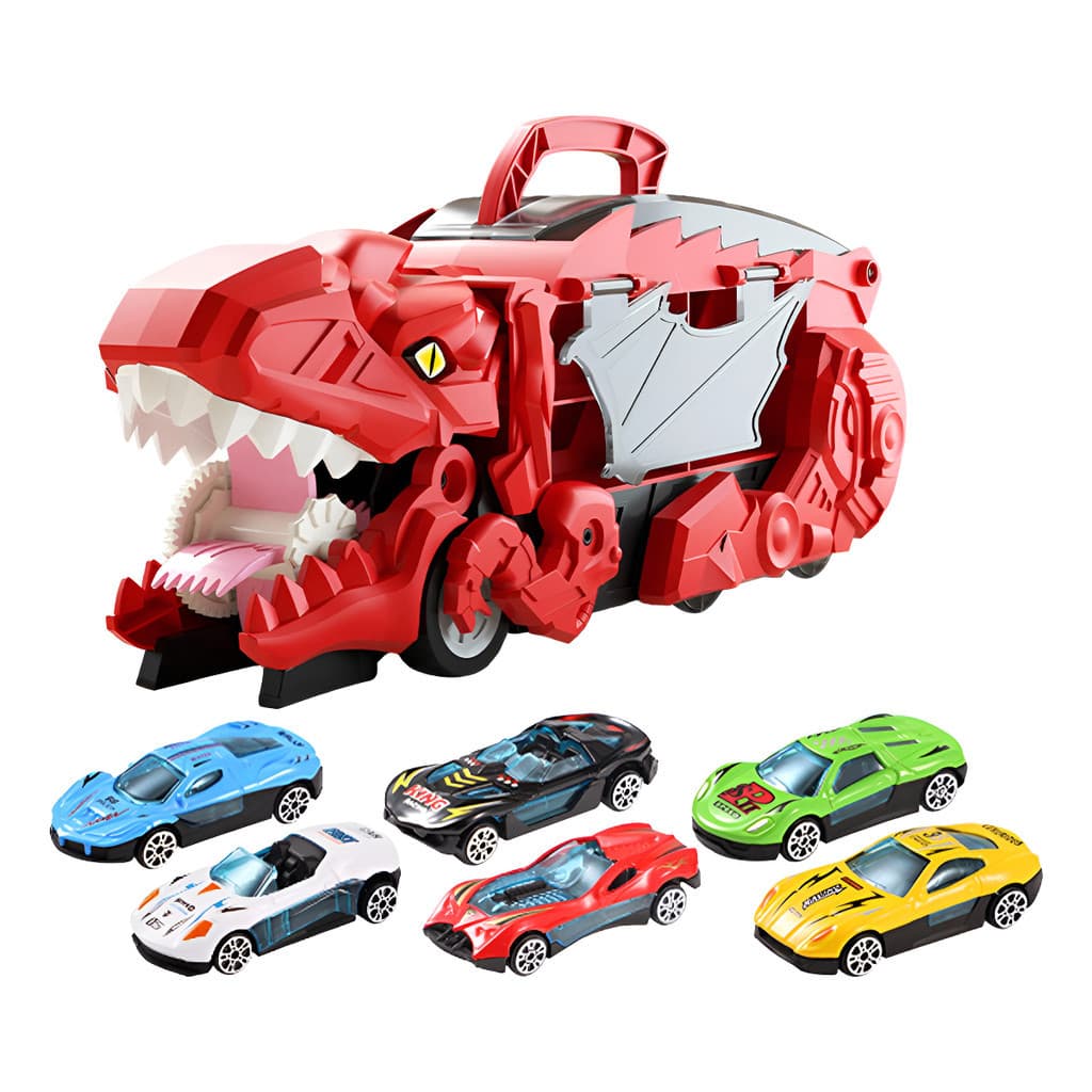 Dinossauro Transportador Caminhão Vermelho Com 5 Carros