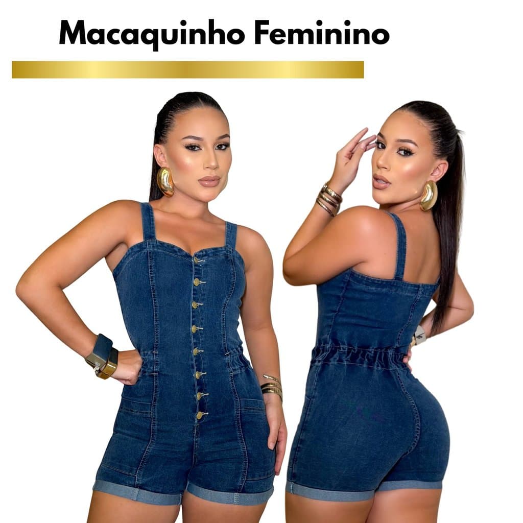 Macaquinho Jeans feminino com lycra de Alça e bainha Virada