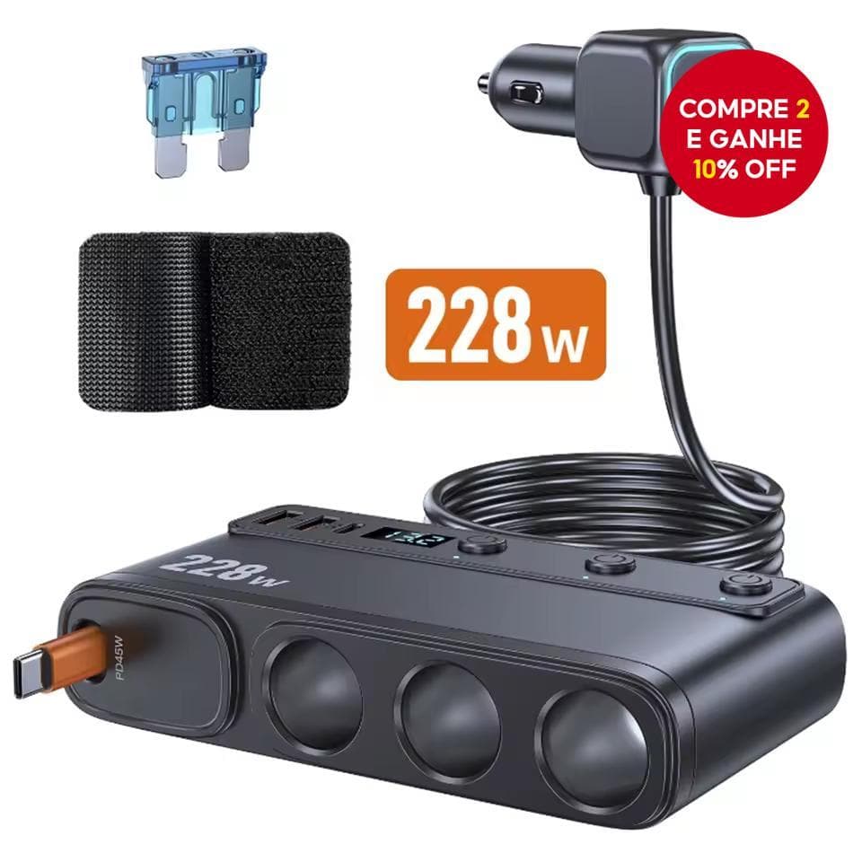 228W Adaptador de Carregador para Carro 9 em 1 PD 3 Tomadas Splitter Carga Comutadores Independentes 12V 24V Carregador