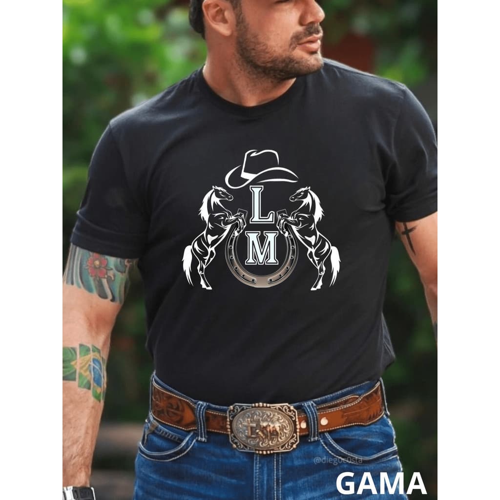Camiseta 100% algodão Masculina Rodeio Cavalo Ferradura Camisa Premium 100% Algodão Festa de Peão
