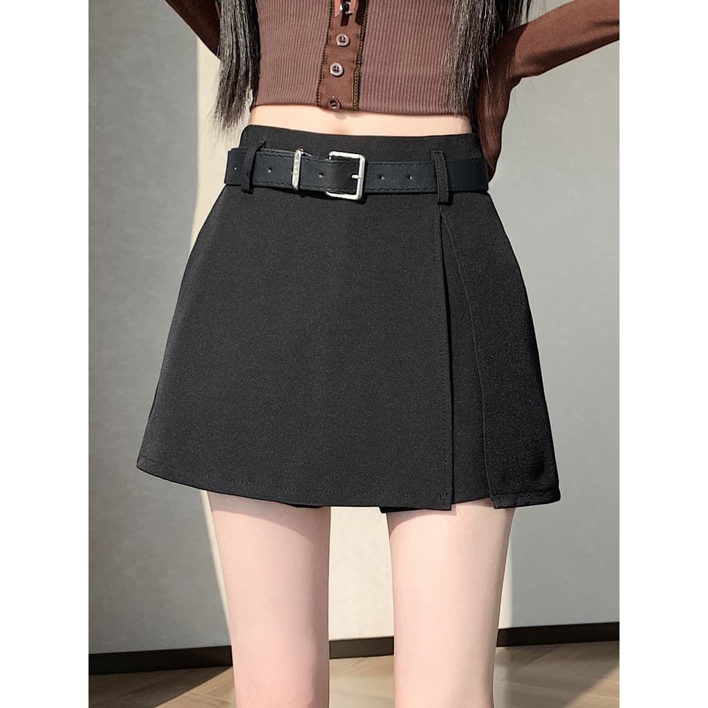 Falso de duas peças preto a linha Culottes de uma peça feminina primavera quente menina cintura alta Hip Shorts saia ext