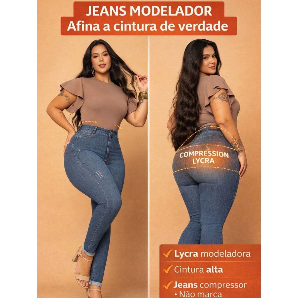 Calca Jeans Feminina Plus Size Alta Modeladora Super Lycra Cós Alto Afina Cintura