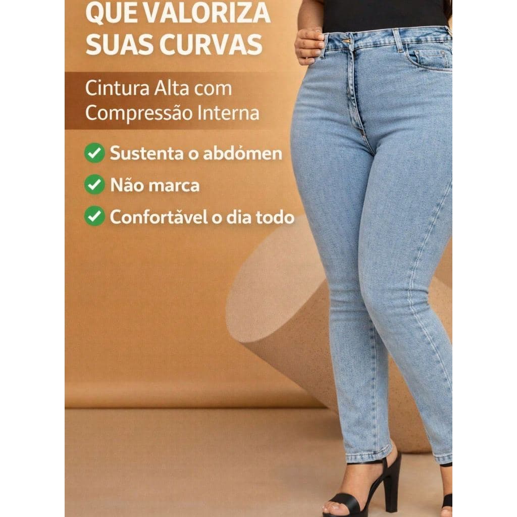 Calça Jeans Plus Size Feminina Skinny Marmorizada Alta Modela Cintura Lycra