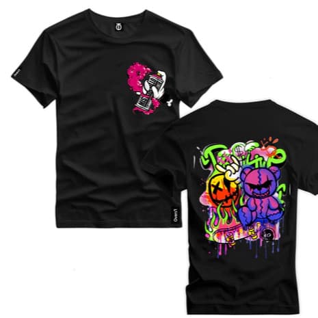 Camiseta Masculina Estampada Boneco Spray Desenho Colorido Frente e Costa Algodão Malha Premium