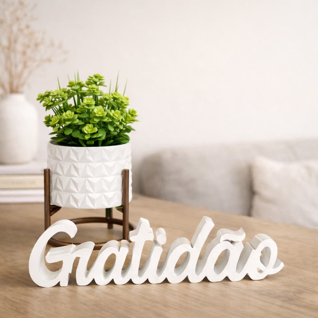 KIT Cachepot Textura Diamante + Suporte Palavra Gratidão Decoração Sala de Estar Escritório Cozinha