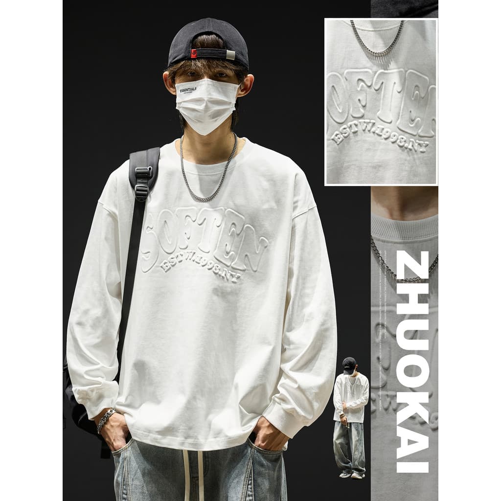 Camiseta masculina de manga comprida de algodão puro inverno solto caído manga de ombro roupas meninos americano solto t