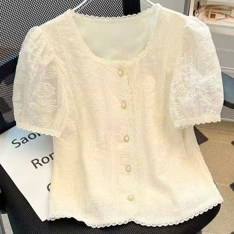 Manga bufante renda Top feminino verão temperamento Chiffon camisa manga curta Plus Size camisa pequena feminina