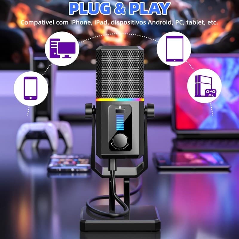 Microfone Gamer Condensador USB RGB Profissional Com Cancelamento Ruído E Mudo - Para PC PS4 PS5 Mac Streaming Podcast