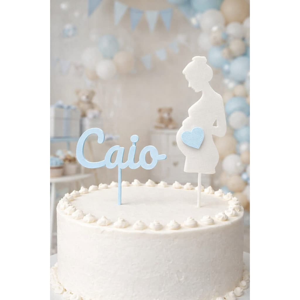 Kit Topo Bolo Grávida Coração + Nome Bebê 10cm