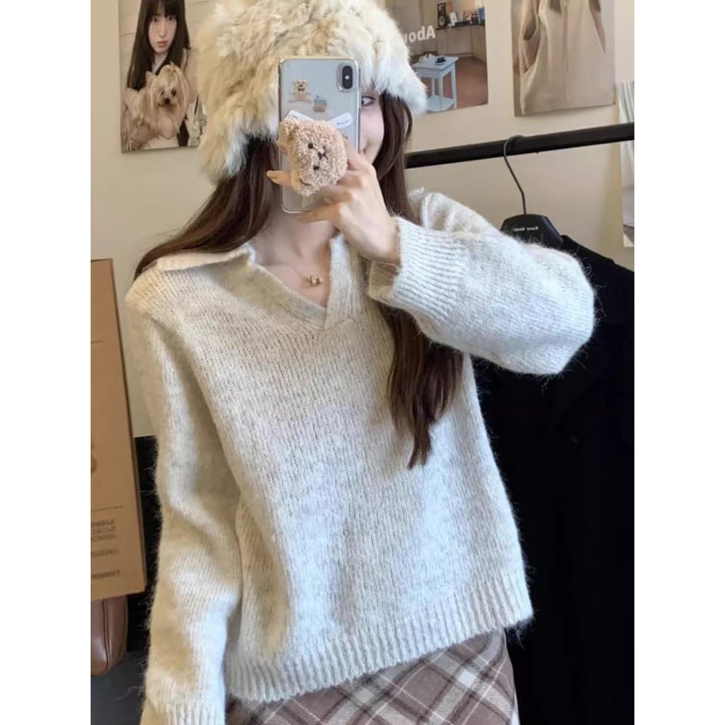 Japonês Retro gola polo malhas feminino outono inverno Design nicho macio cera Base camisola lapela interna topo