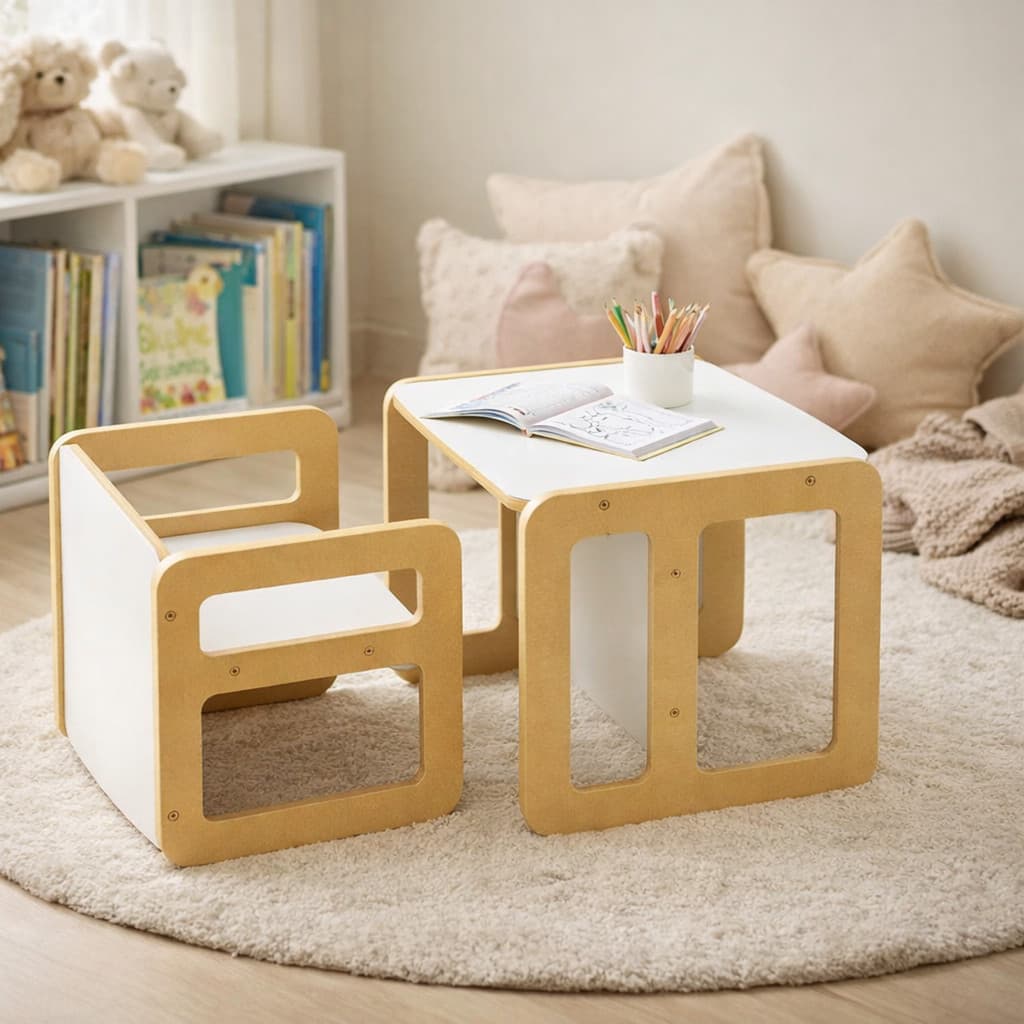 Conj. Mesa e Cadeira Cubo Infantil Madeira Montessori Mesa