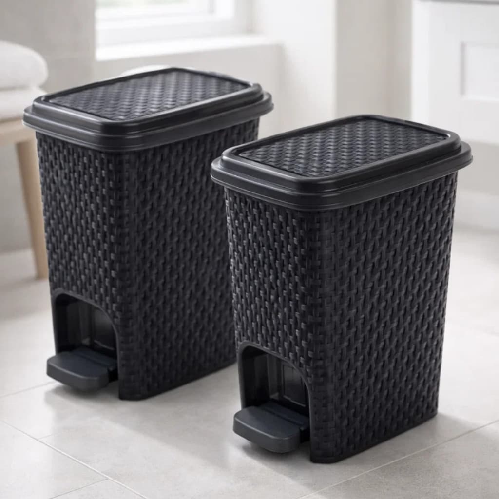 Conjunto De 2 ou 1 Lixeira Rattan Com Pedal  7L Preta Banheiro Cozinha Moderna Compacta Minimalista