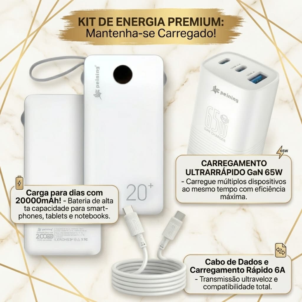 Kit Power Bank 20.000mAh + Carregador 65W + Cabo 60W Branco